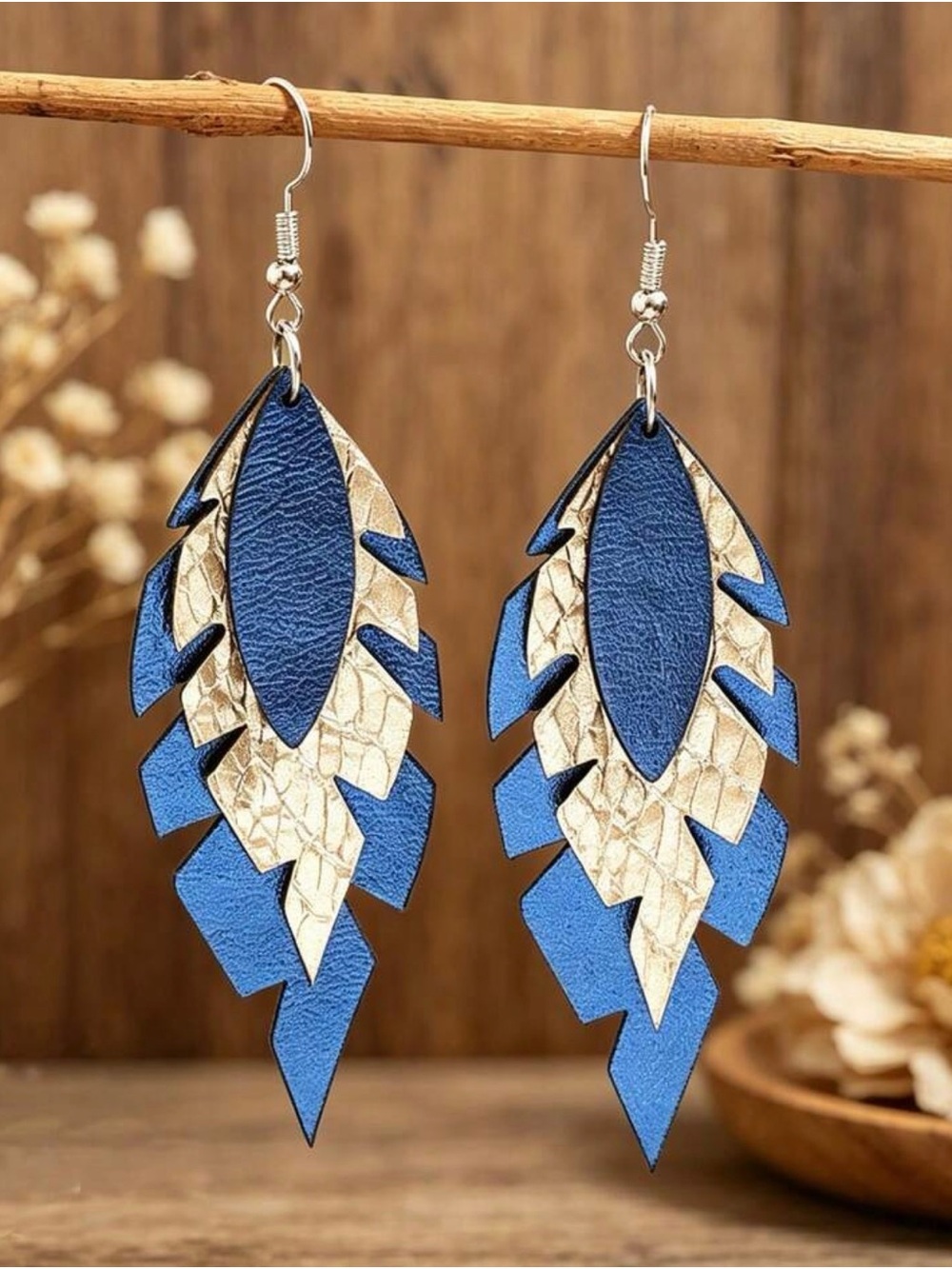 Blue and Gold Layered Feather Drop Earrings - Women Jewelry - Picture 5 of 7